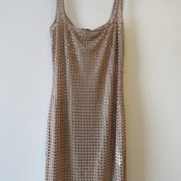 NWT OH POLLY BATCH A BEIGE SHEER BODYCON DRESS 6 - Picture 2 of 8